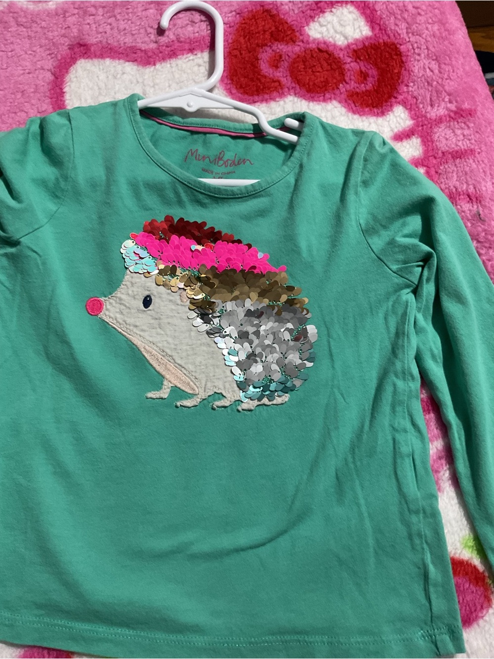 Mini Boden Teal Long-Sleeve Tee with Sequin Hedgehog